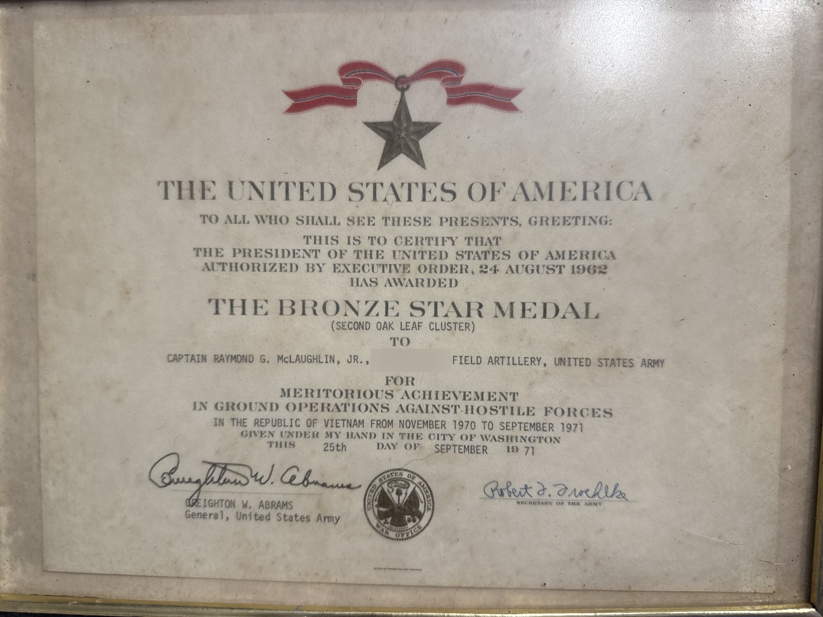 Bronze Star Medal second oak leaf cluster certificate, November 1970 to September 1971