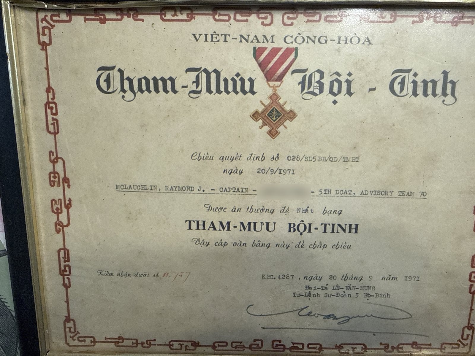 Republic of Vietnam Staff Service Medal certificate, September 20, 1971, 5th DCAT, Advisory Team 70